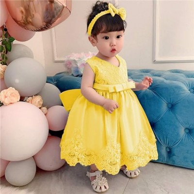 0-6T Baby Girl Formal Dress Toddler Lace Embroideryr Dresses with Headwear